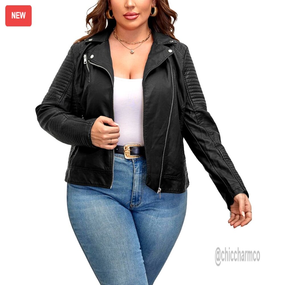 Plus Size Faux Leather Motorcycle Jacket, Quilted Asymmetric Zipper Biker Coat